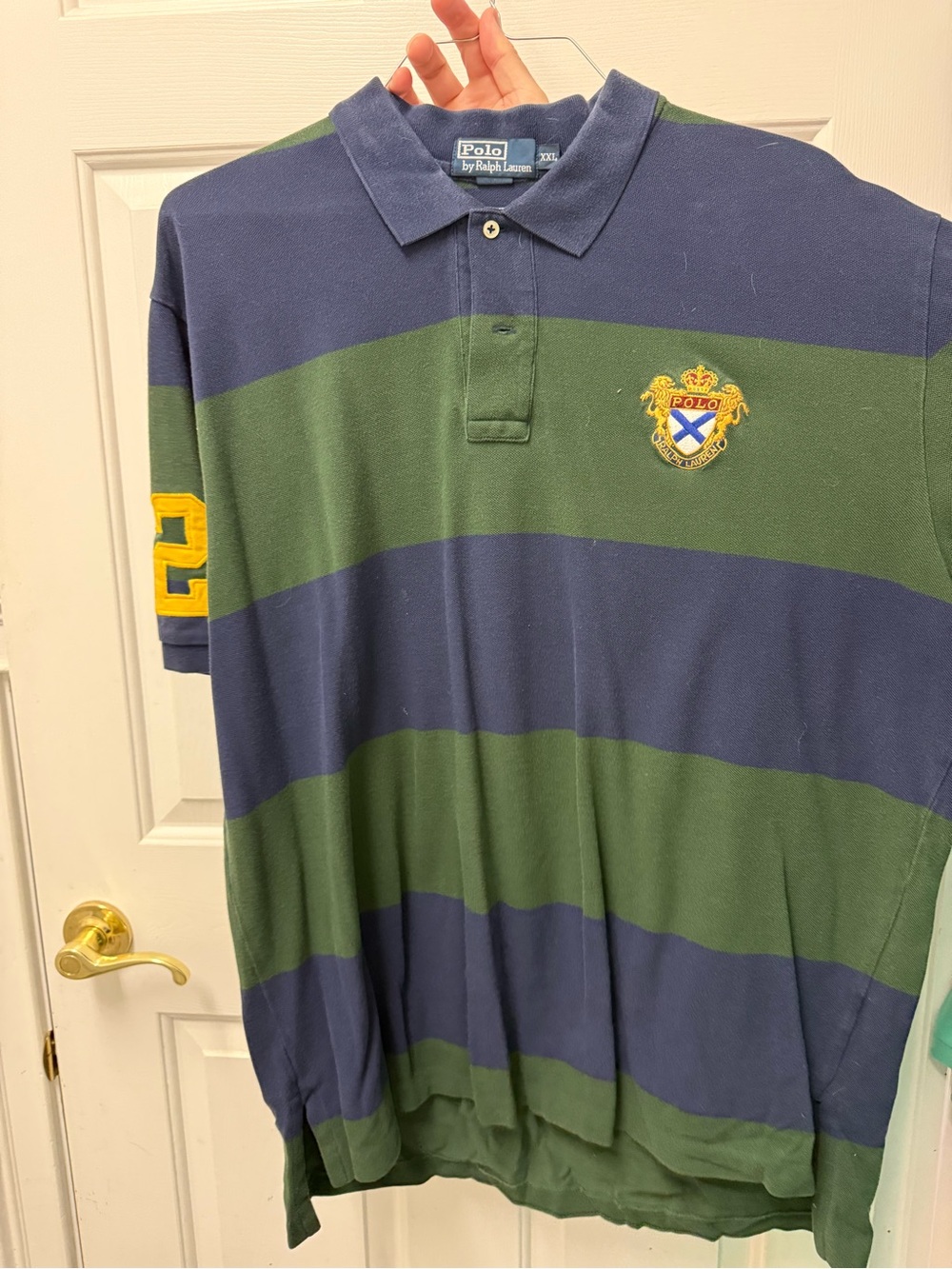 Polo by Ralph Lauren Navy and Green Wide-Stripe Crest Polo